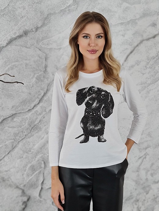 Лонгслив Mitica&Co. с принтом "такса" со стразами белый