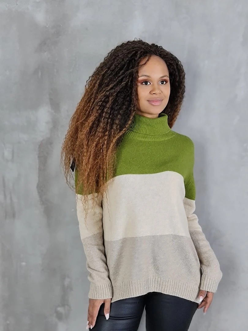Джемпер Cashmere Blend трёхцветный с высоким горлом хаки/крем/бежевый, фотография №2