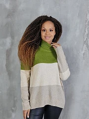 Джемпер Cashmere Blend трёхцветный с высоким горлом хаки/крем/бежевый, фотография №1