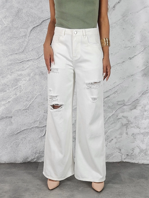 Джинсы Palazzo Pants с рваными вставками белые
