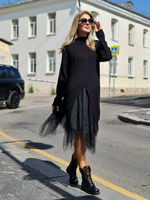 Платье BEAUTY WOMEN трикотажный джемпер юбка-сетка черное