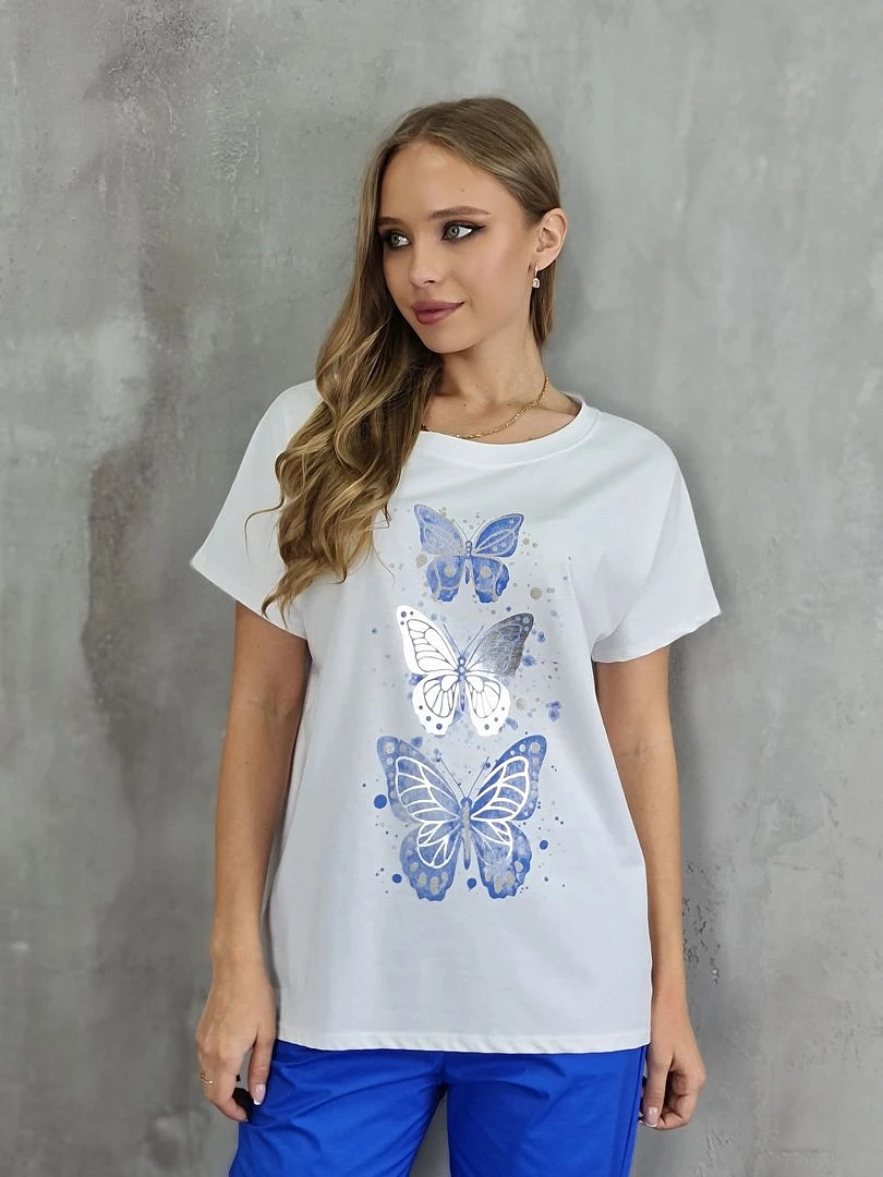 Футболка Glowy OVERSIZE с принтом "Голубые бабочки" белая, фотография №2