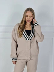 Костюм My Star Collection кардиган с полосатым воротником и брюки на завязках песочный, фотография №3