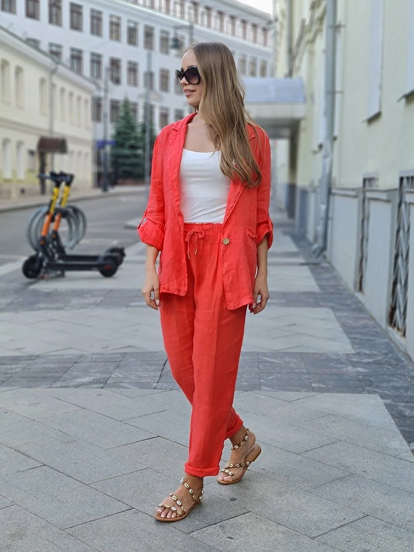 Костюм Pure Linen льняной пиджак и брюки коралловый