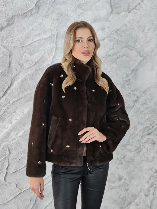 Шуба Vicolo экомех с камнями шоколад