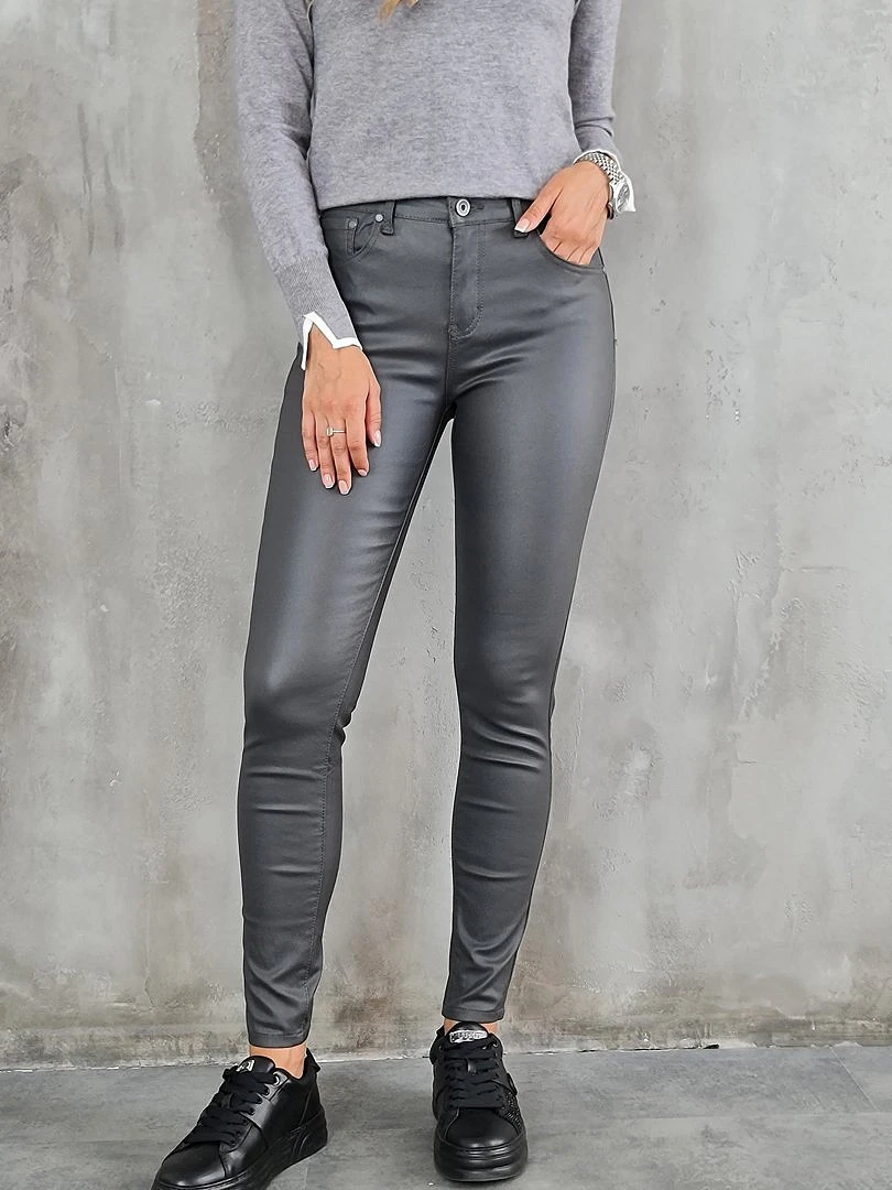 Брюки 3D Denim С флисом экокожа skinny графит (серые)
