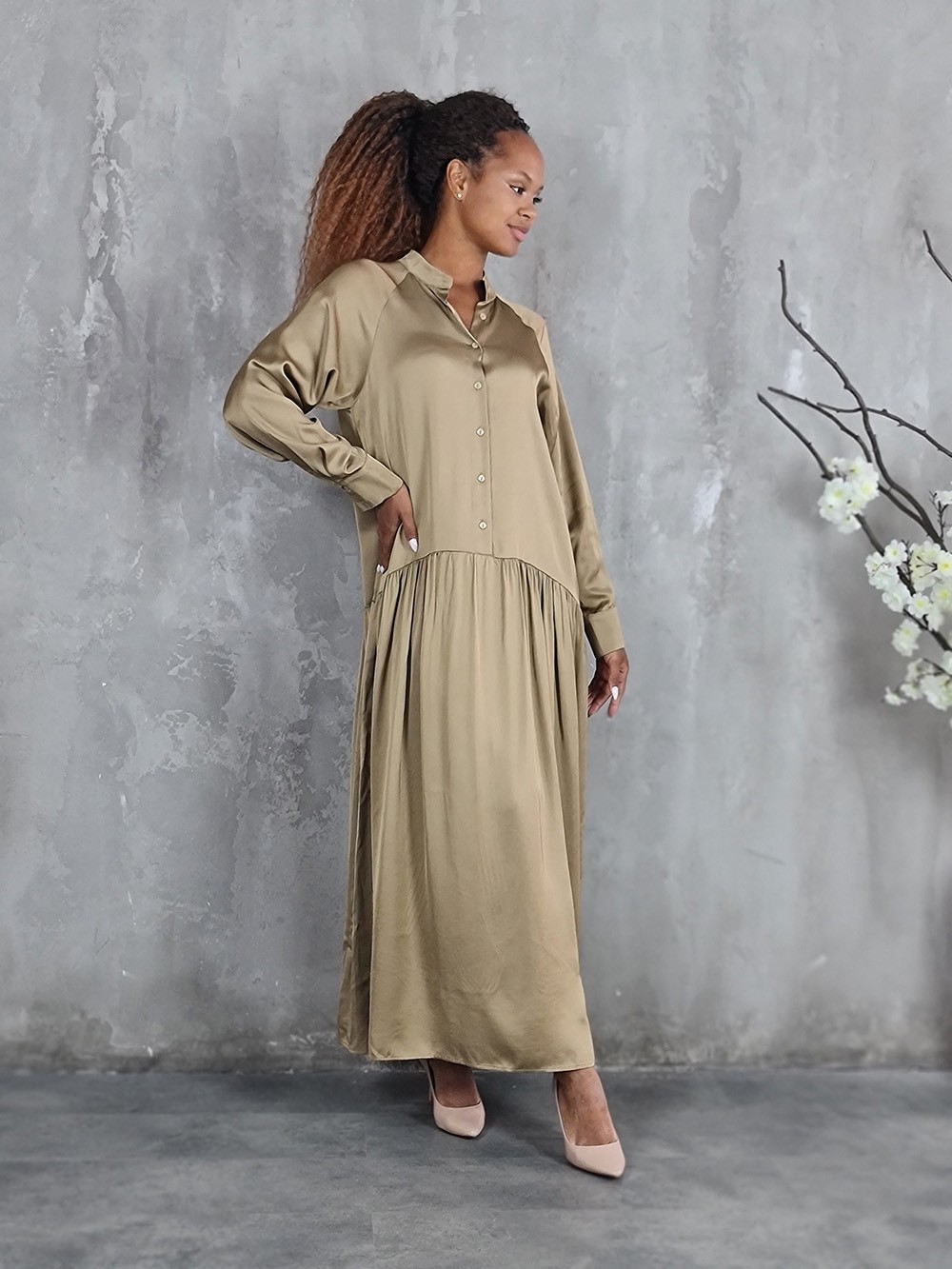 Платье CLOTHÉ длинное с пуговицами до середины песочное, фотография №1