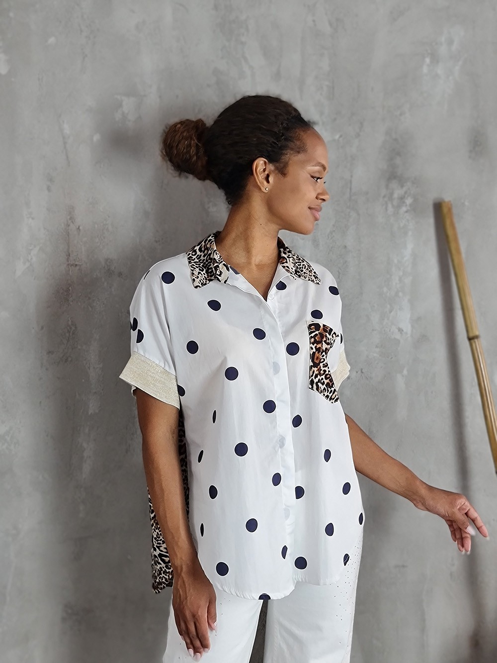 Рубашка STAR в горошек с леопард вставками белая, фотография №1