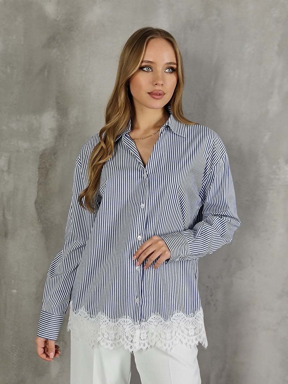 Рубашка MIHO'S с кружевом в полоску синяя, фотография №1