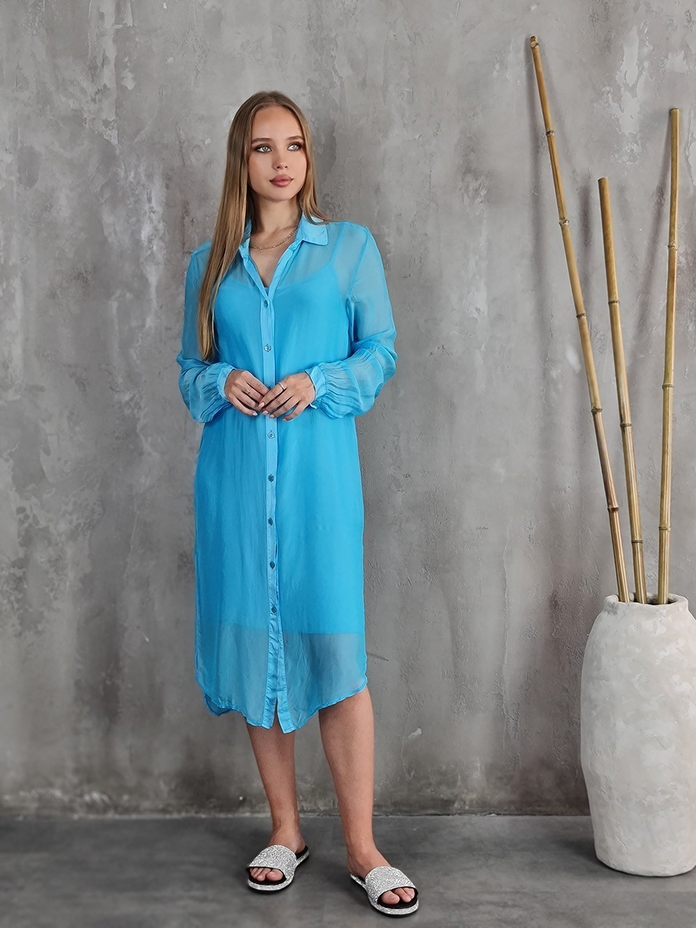 Платье-рубашка Pura Seta шёлковое лазурное, фотография №1