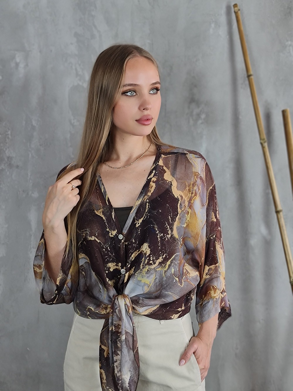 Рубашка Segreto с принтом "Мрамор" коричневая, фотография №1