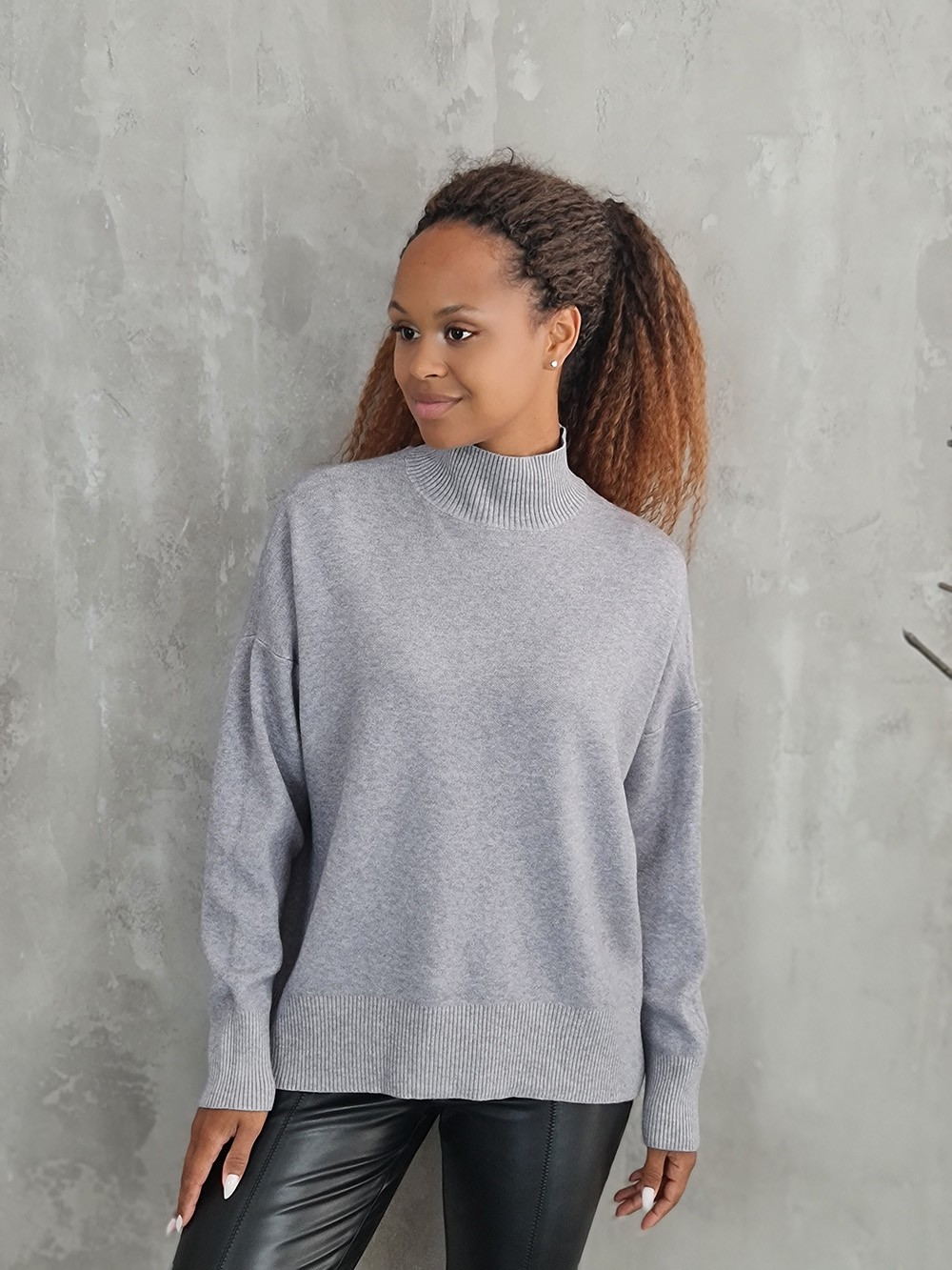 Джемпер Lara с высоким воротником в мелкий рубчик серый, фотография №1