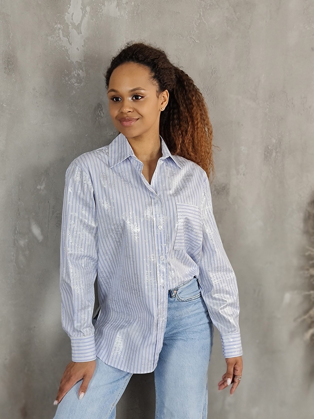 Рубашка Vicolo с ламинированием в полоску голубая, фотография №1