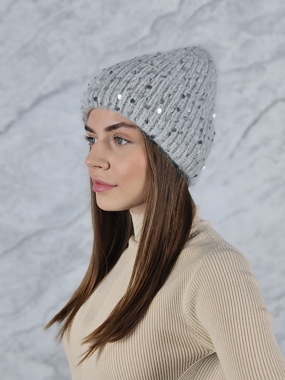 Шапка Alex Max БЕЗ завязок с пайетками серая, фотография №1