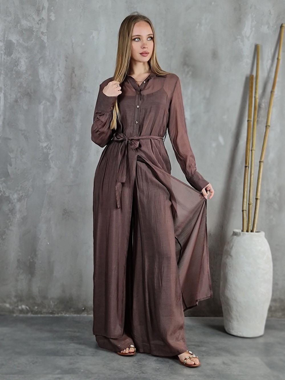 Костюм CLOTHÉ длинная накидка с топом и брюки шоколадный, фотография №1