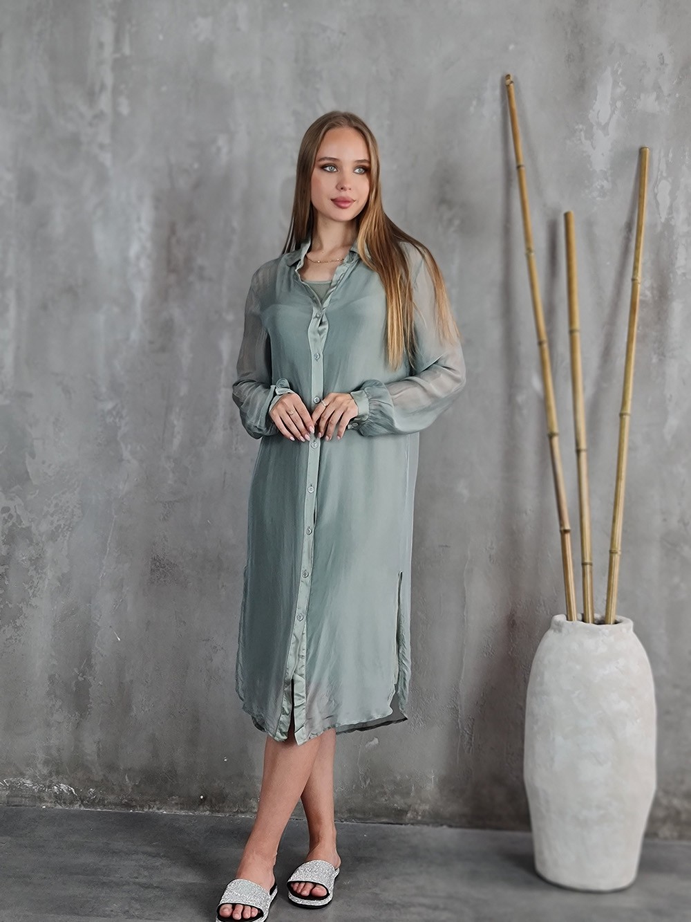 Платье-рубашка Pura Seta шёлковое хаки, фотография №1