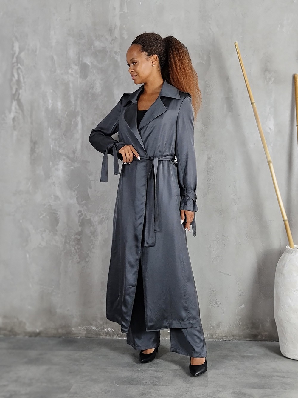 Костюм CLOTHÉ тонкий длинный тренч и брюки графит, фотография №1