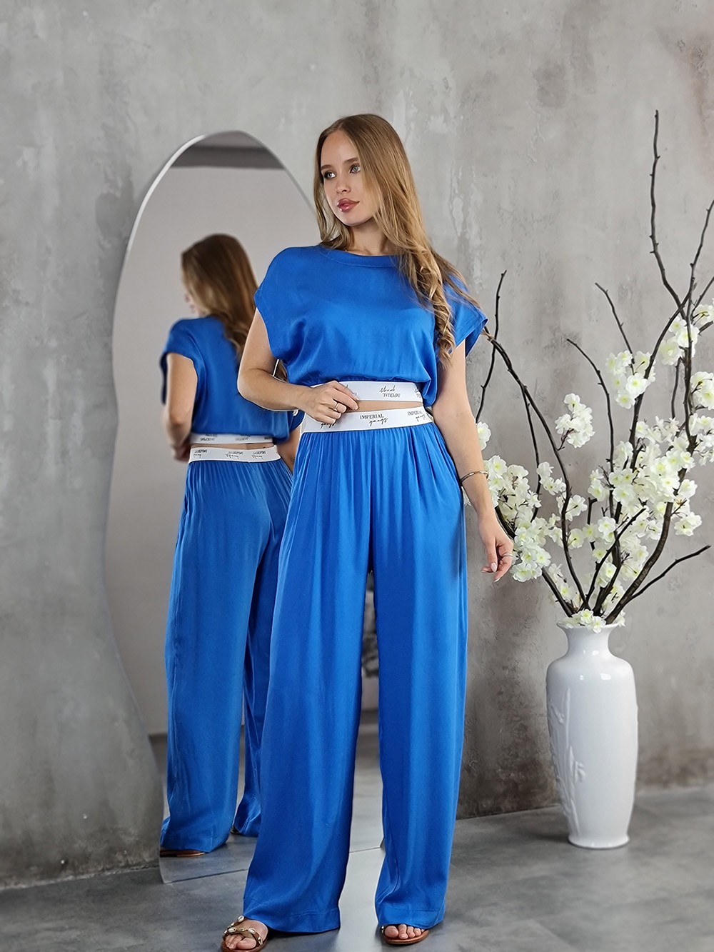 Костюм Imperial топ и брюки палаццо с эластичным поясом синий, фотография №1