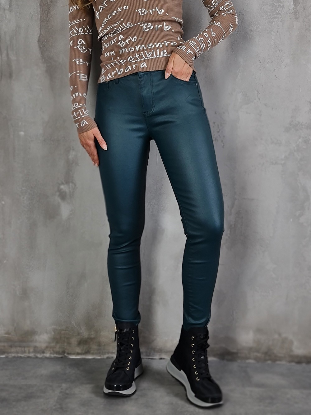 Брюки 3D Denim БЕЗ флиса экокожа skinny изумрудные, фотография №1