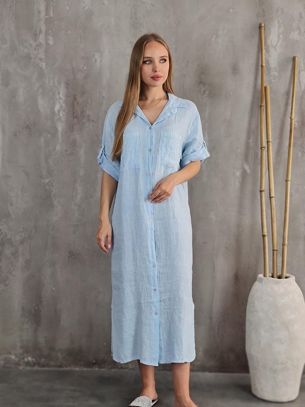 Платье-рубашка PURE LINEN с коротким рукавом голубое, фотография №1