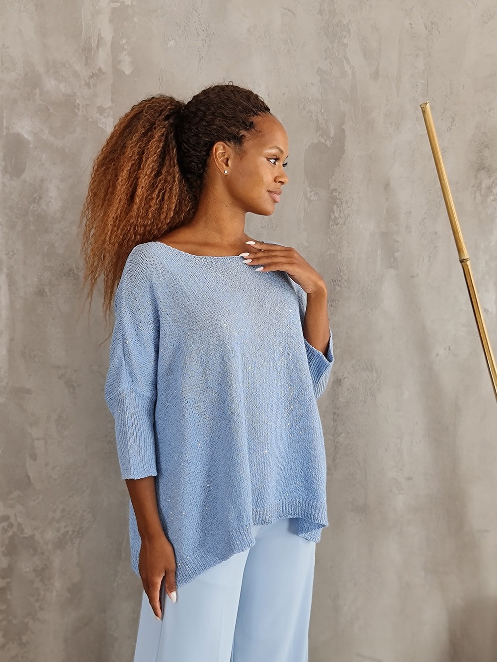 Джемпер Kontatto с рукавом 3/4 с пайетками голубой, фотография №1