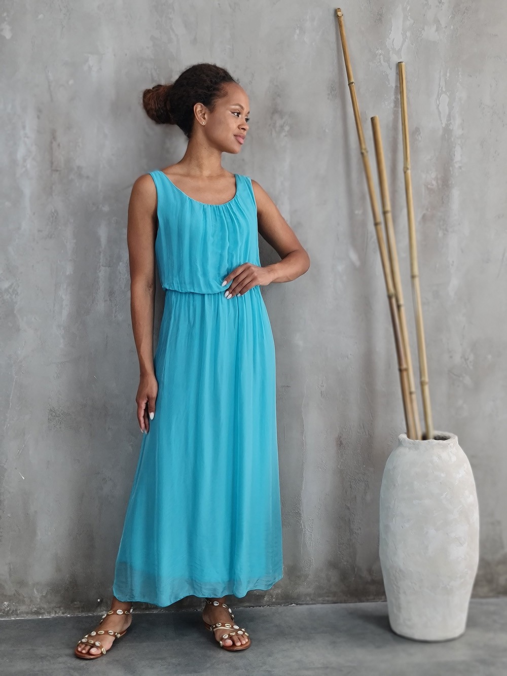 Платье Silk New с резинкой на талии голубое, фотография №1