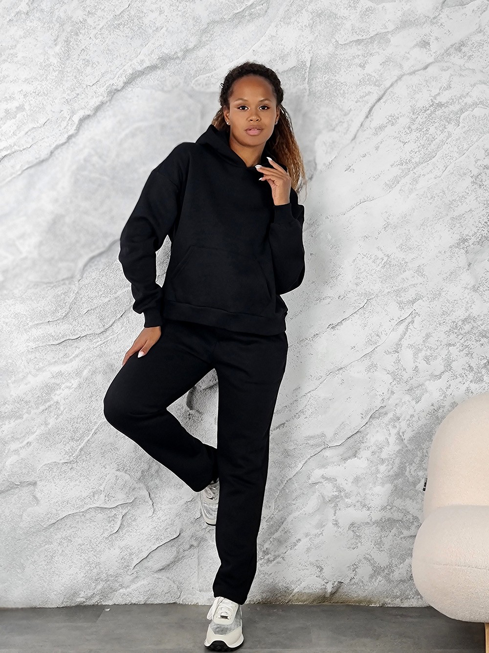 Костюм Please на флисе худи и брюки черный, фотография №1