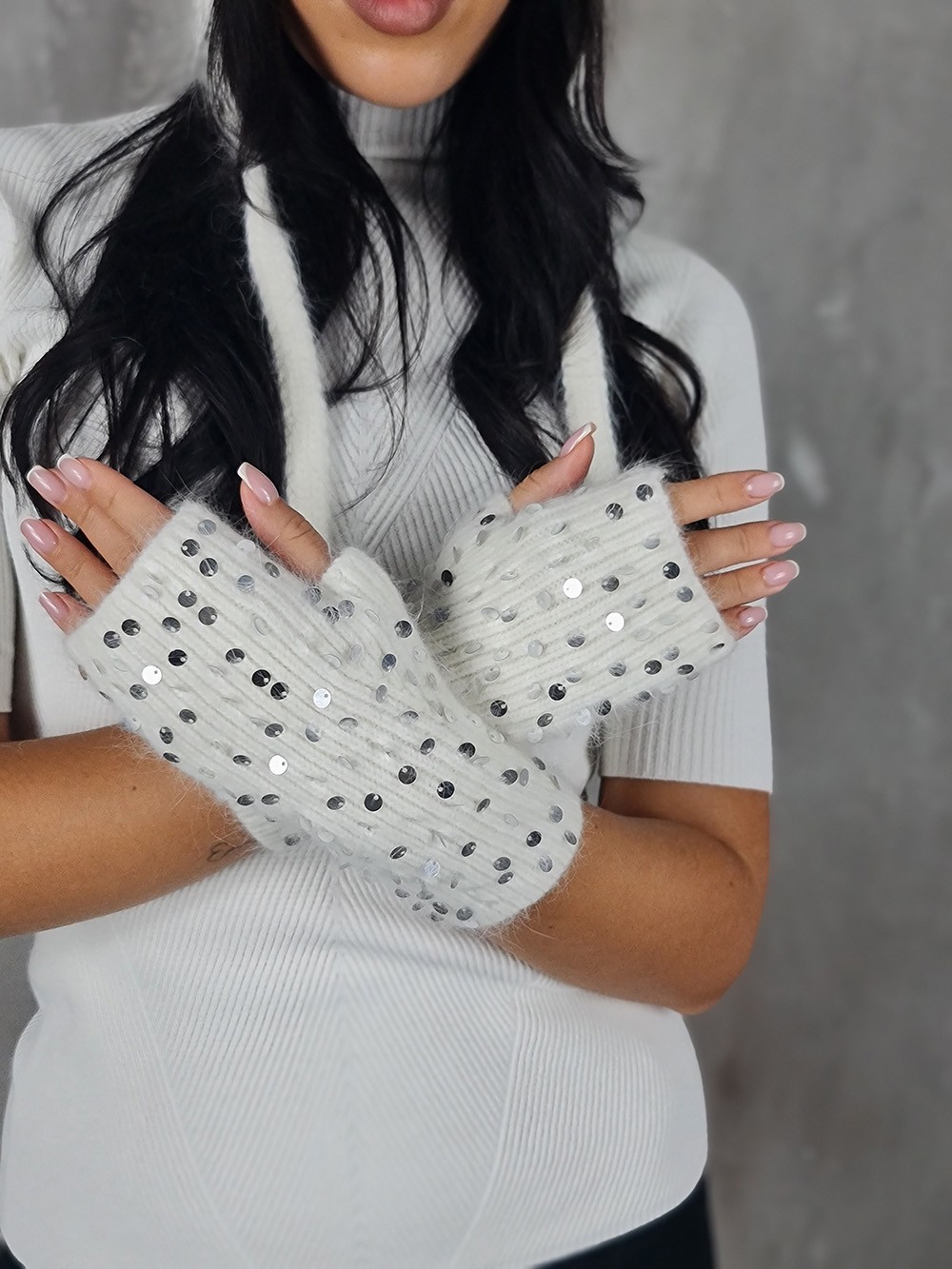 Митенки Alex Max вязаные белые с пайетками белые, фотография №1