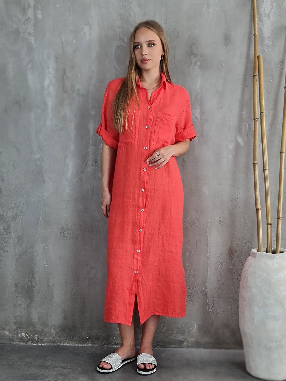 Платье-рубашка PURE LINEN с коротким рукавом коралловое, фотография №1