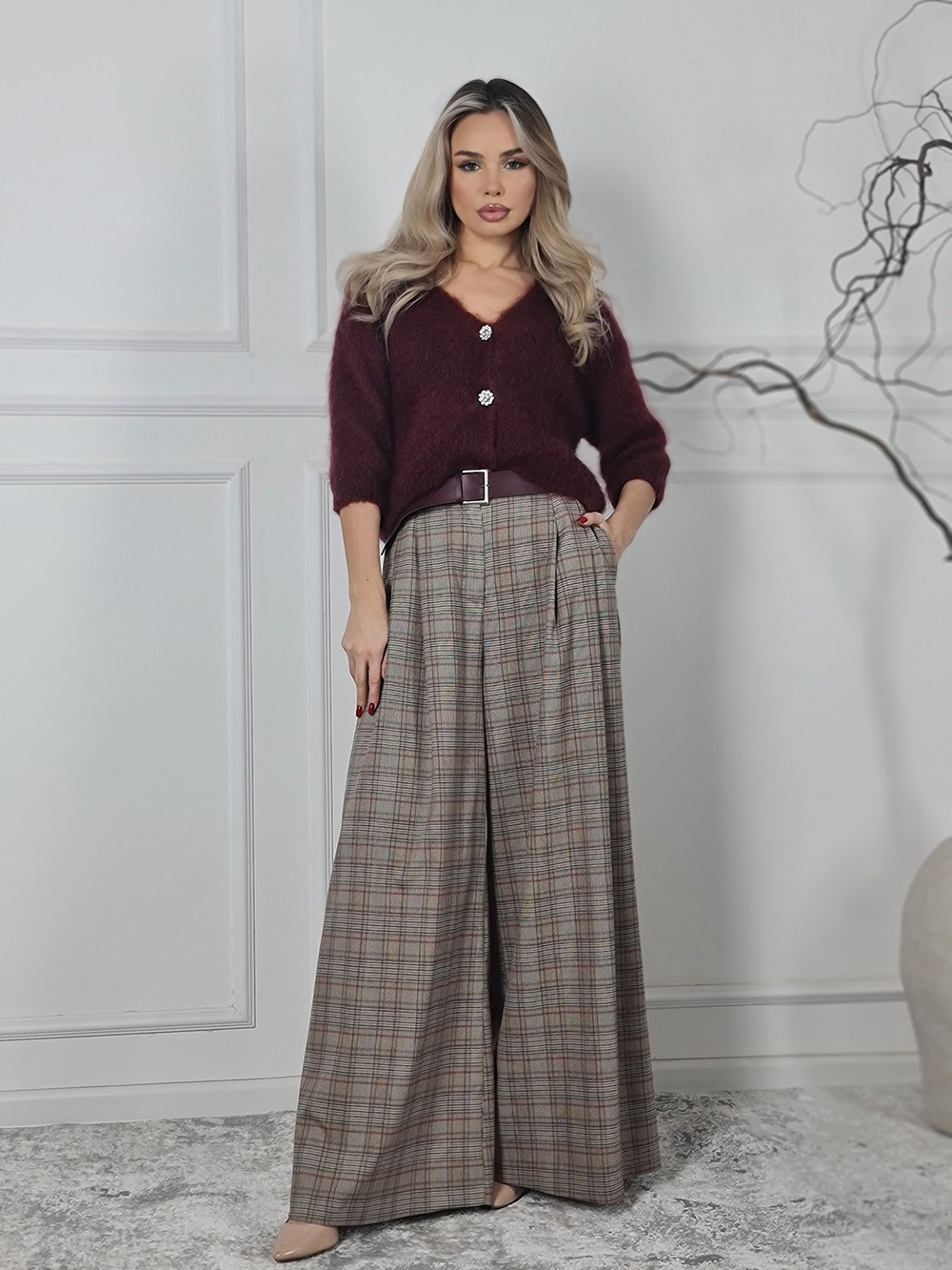 Брюки Imperial палаццо с ремнем в клетку серые, фотография №1