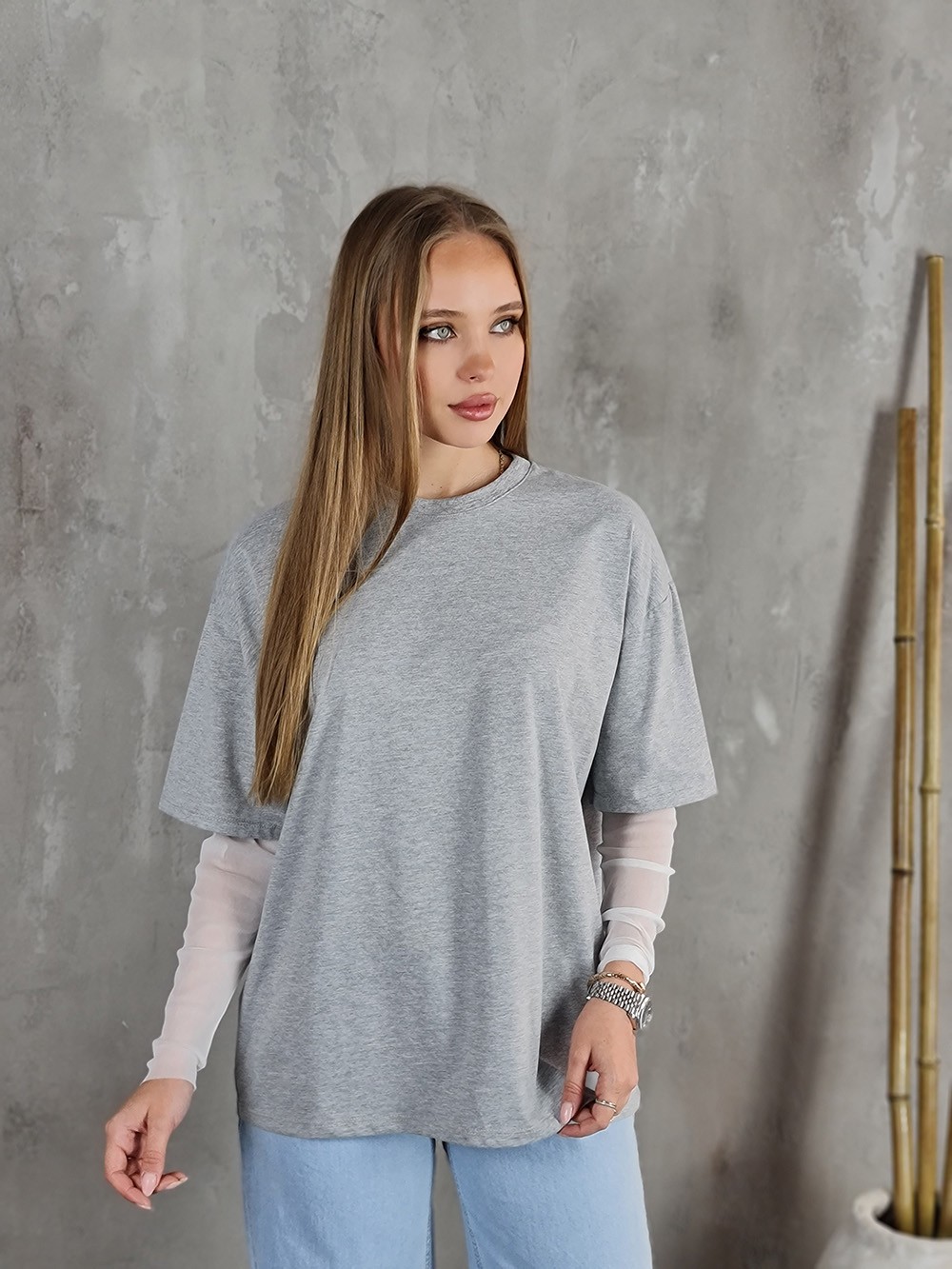 Лонгслив Vicolo с сетчатыми рукавами серый, фотография №1