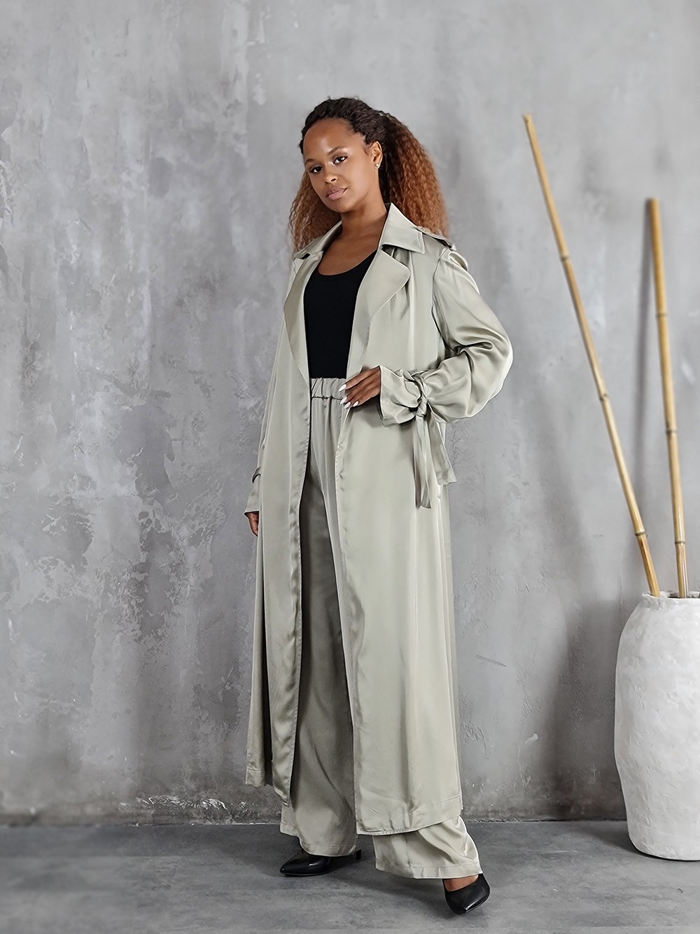 Костюм CLOTHÉ тонкий длинный тренч и брюки оливковый, фотография №1