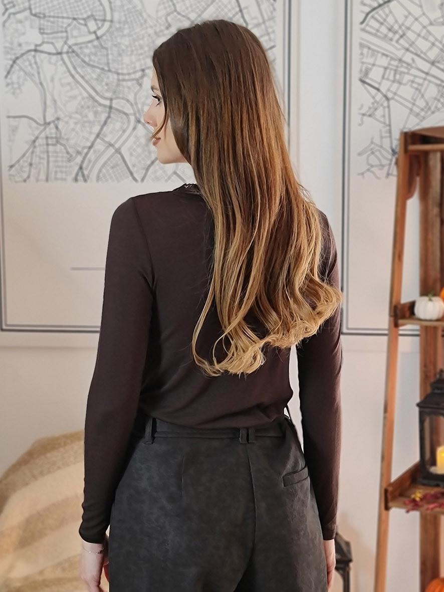 Лонгслив Cashmere Blend с кружевом на груди и кашемиром шоколадный, фотография №2