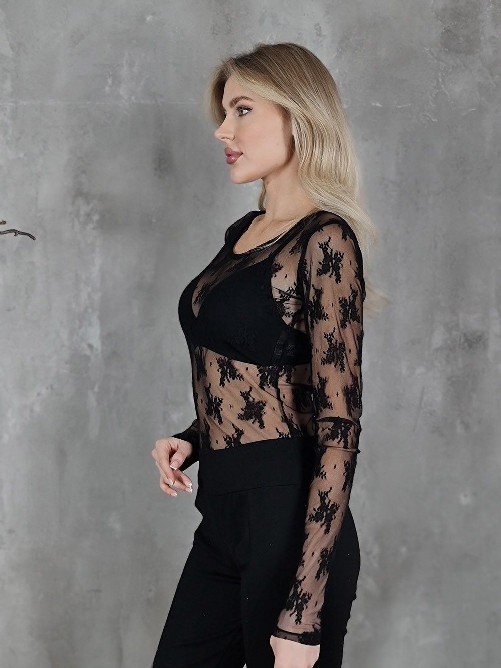 Лонгслив Imperial прозрачный кружевной черный, фотография №2