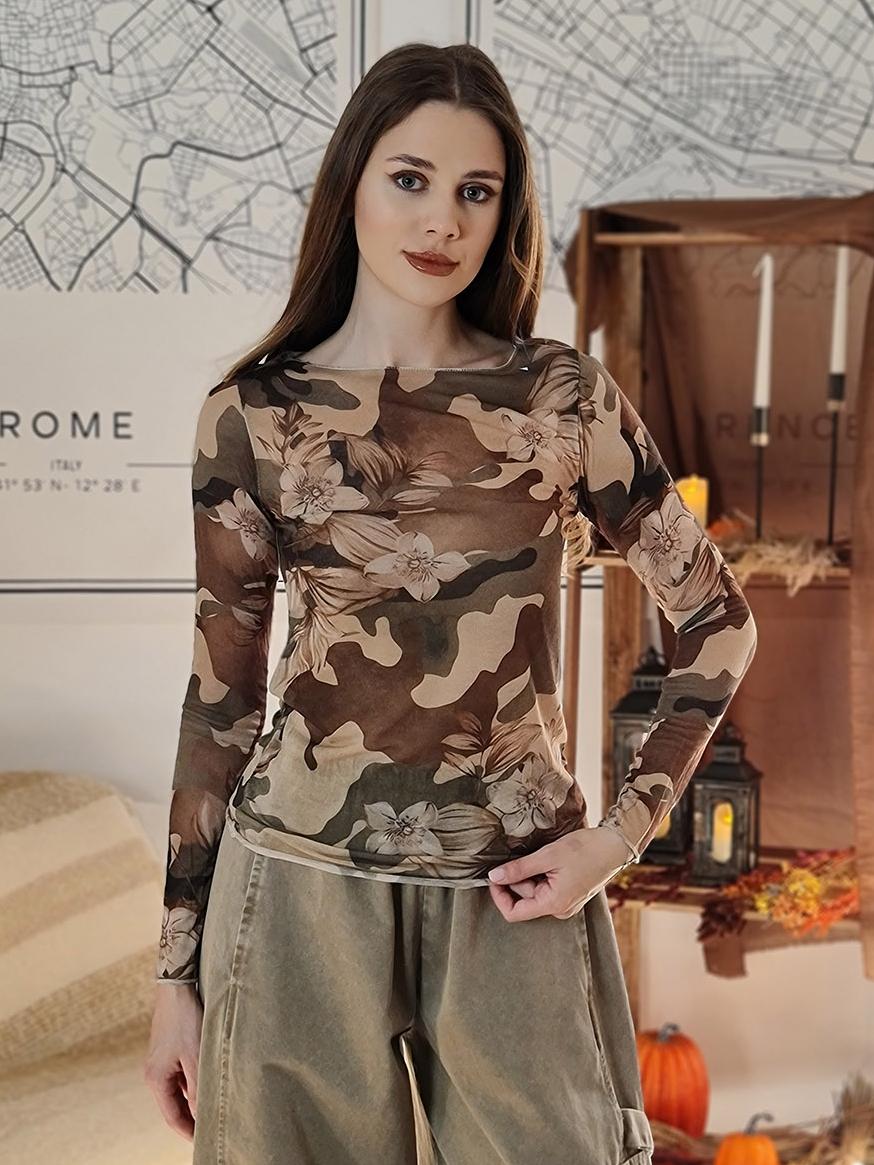 Лонгслив Cashmere Blend с кашемиром милитари с цветами оливковый, фотография №1
