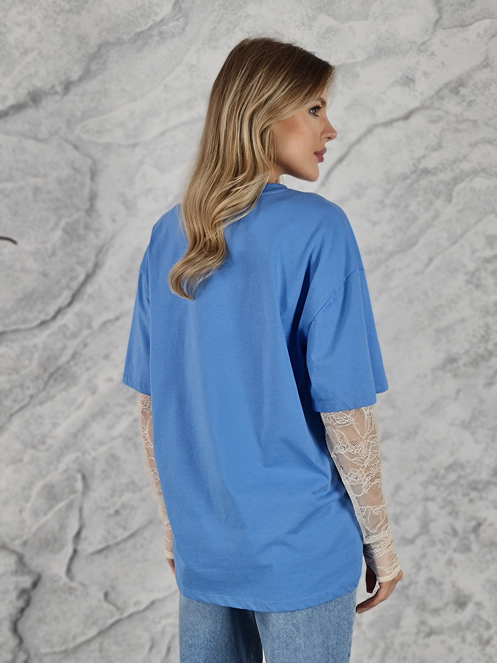 Лонгслив Vicolo с кружевными рукавами голубой, фотография №4