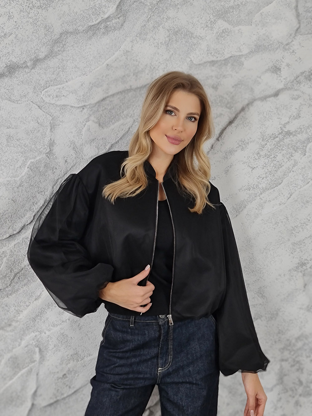 Бомбер Imperial рукава-воланы ткань с сеточкой черный, фотография №1