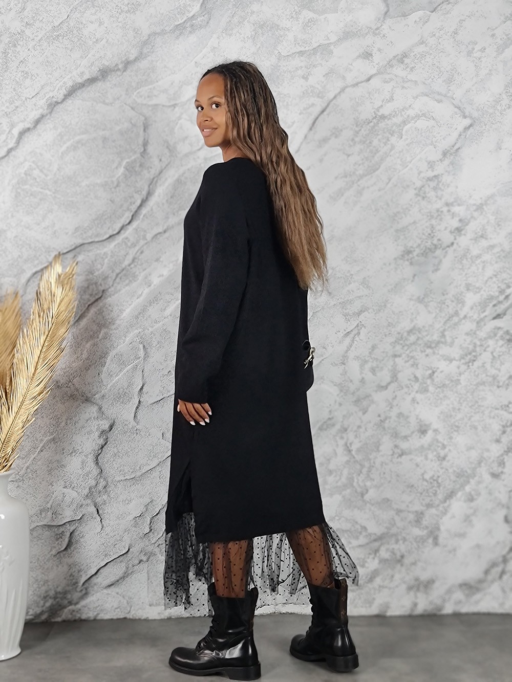 Платье BEAUTY WOMEN трикотажное с сеткой внизу черное, фотография №2