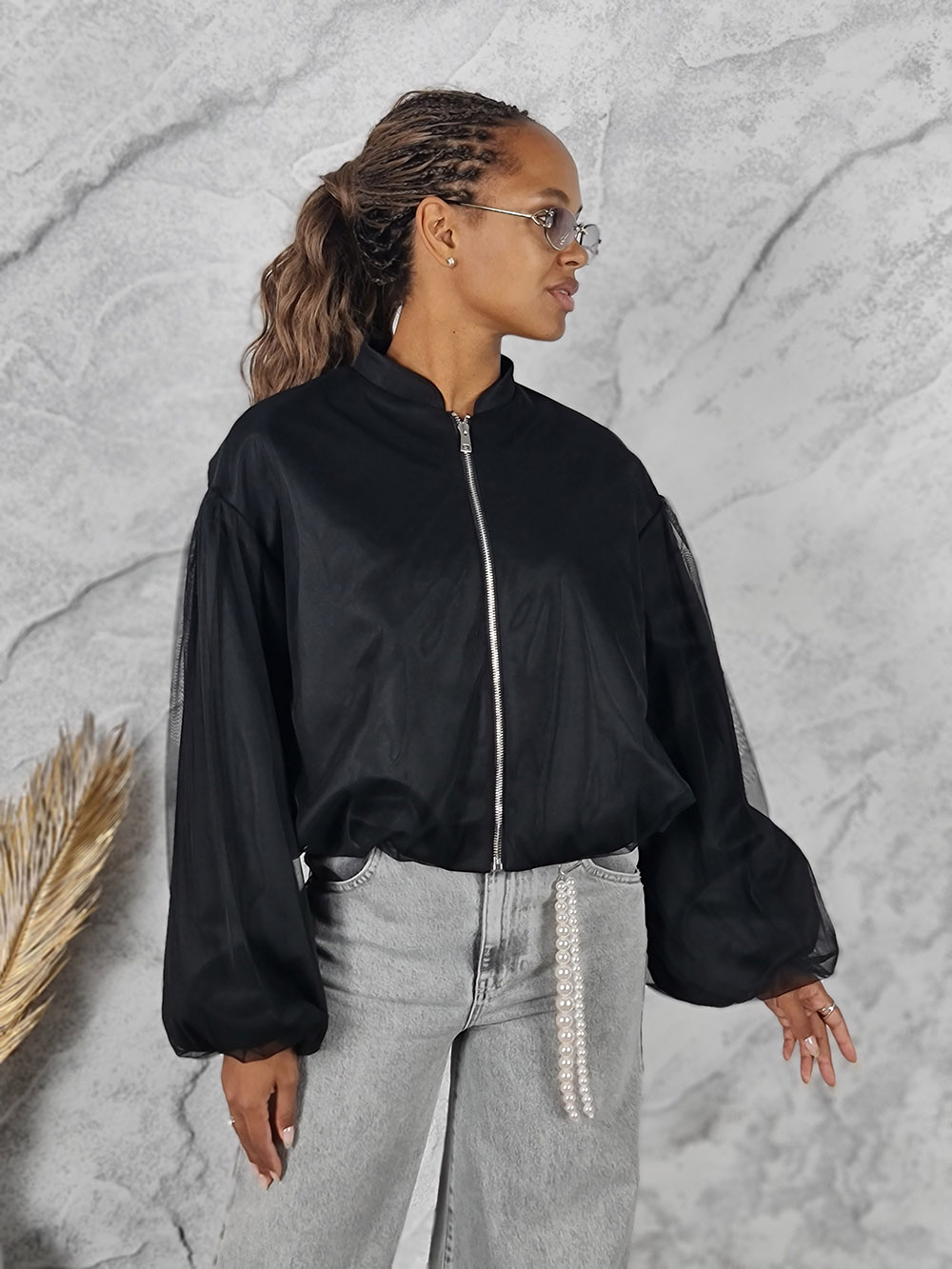 Бомбер Imperial рукава-воланы ткань с сеточкой черный, фотография №5