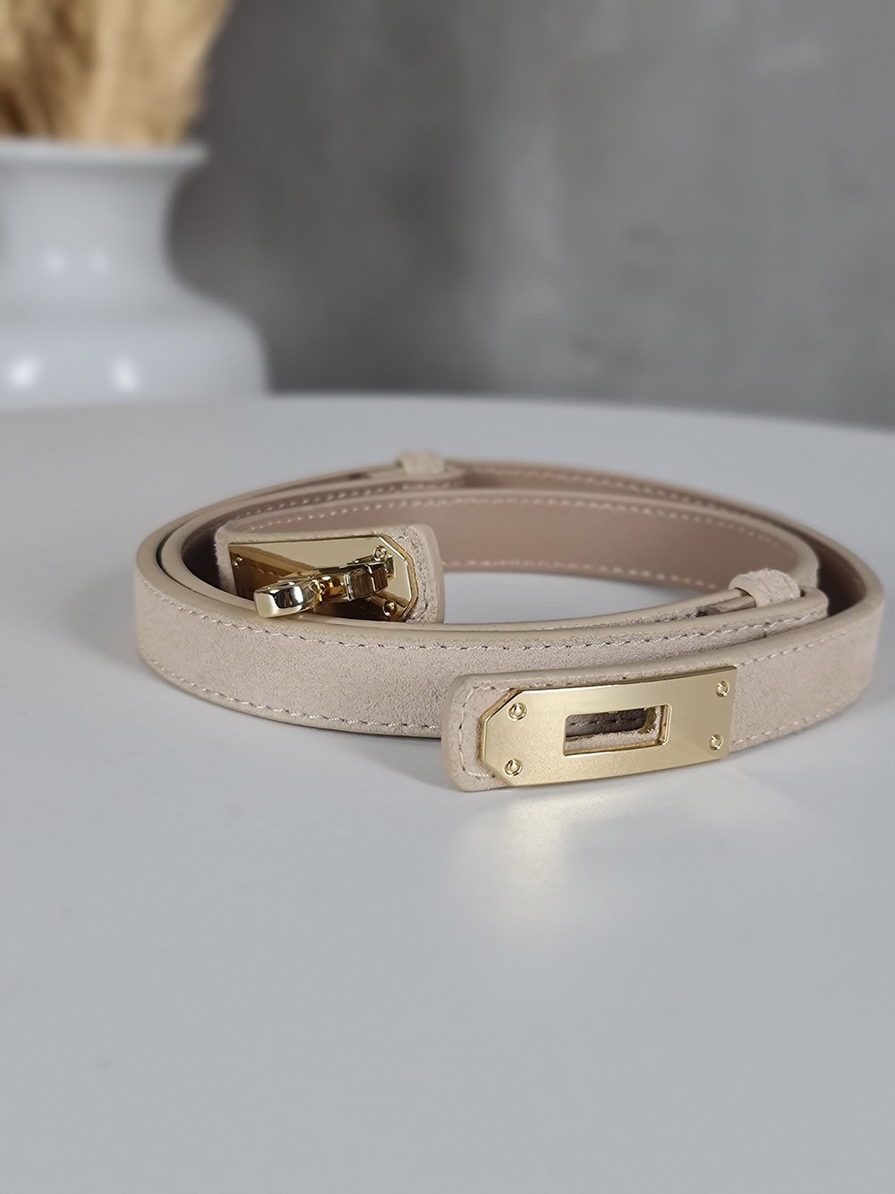 Ремень золотая прямоугольная застежка бежевый, фотография №2