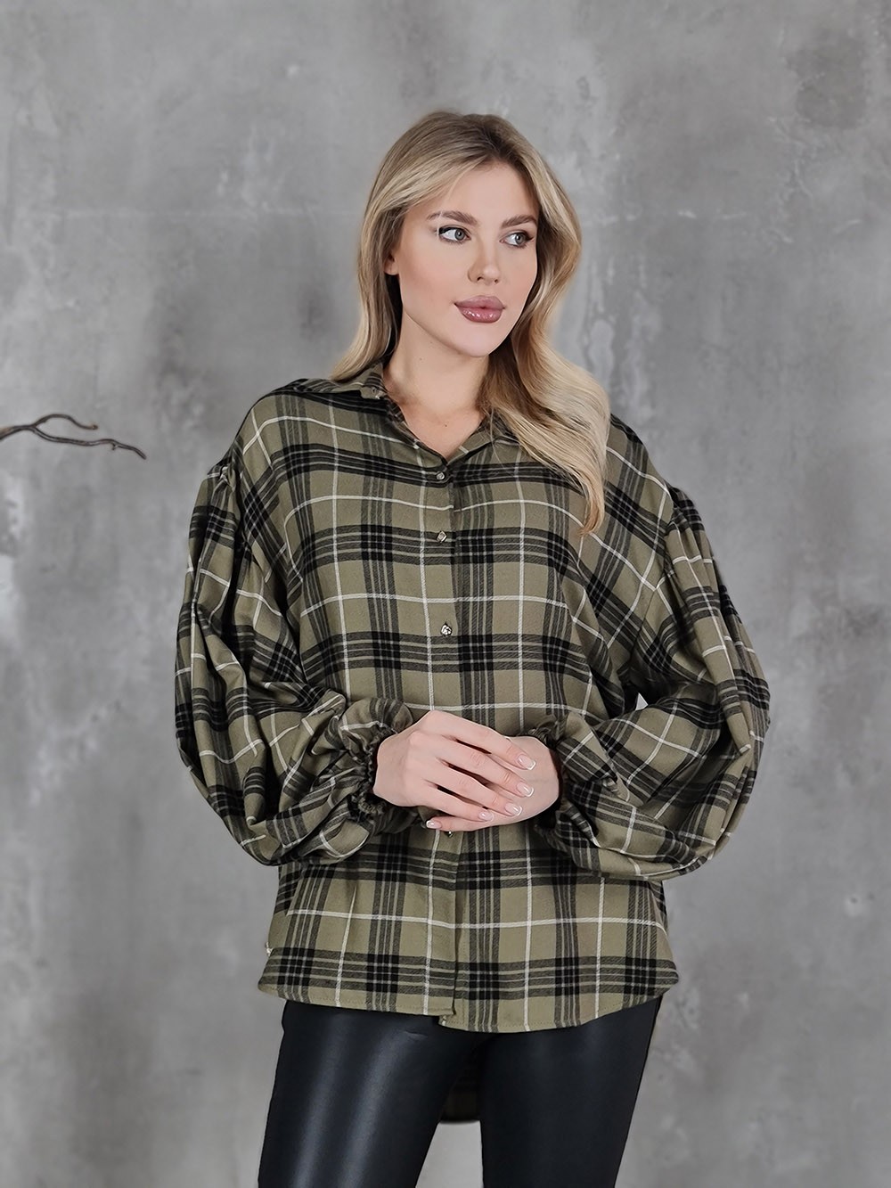 Рубашка Imperial в клетку с резинкой на рукавах оливка, фотография №2