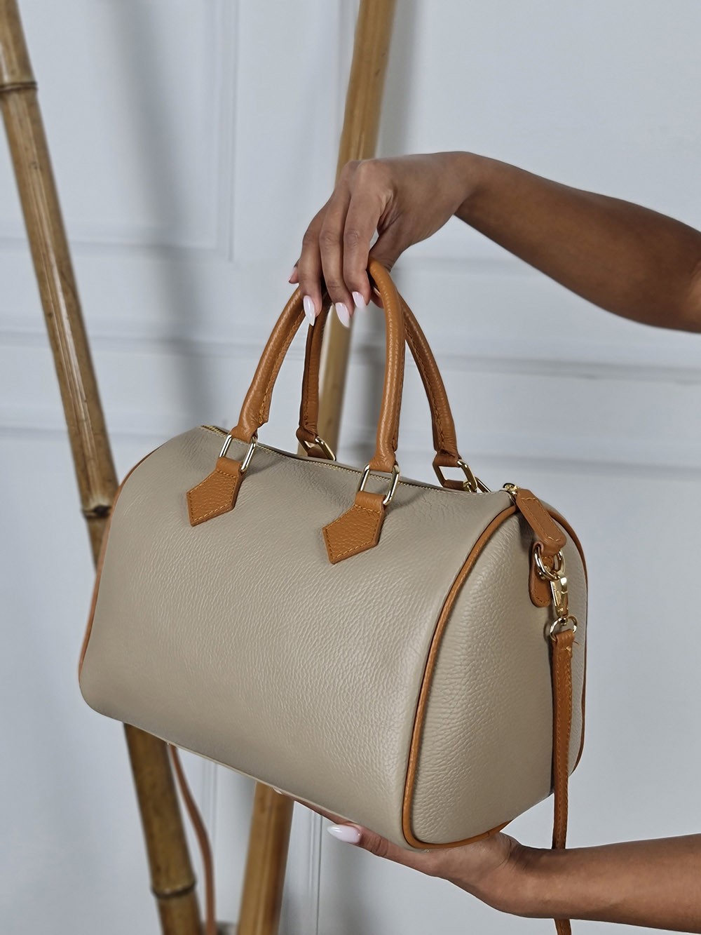 Сумка из натуральной кожи мокко с бежевой вставкой большая, фотография №3