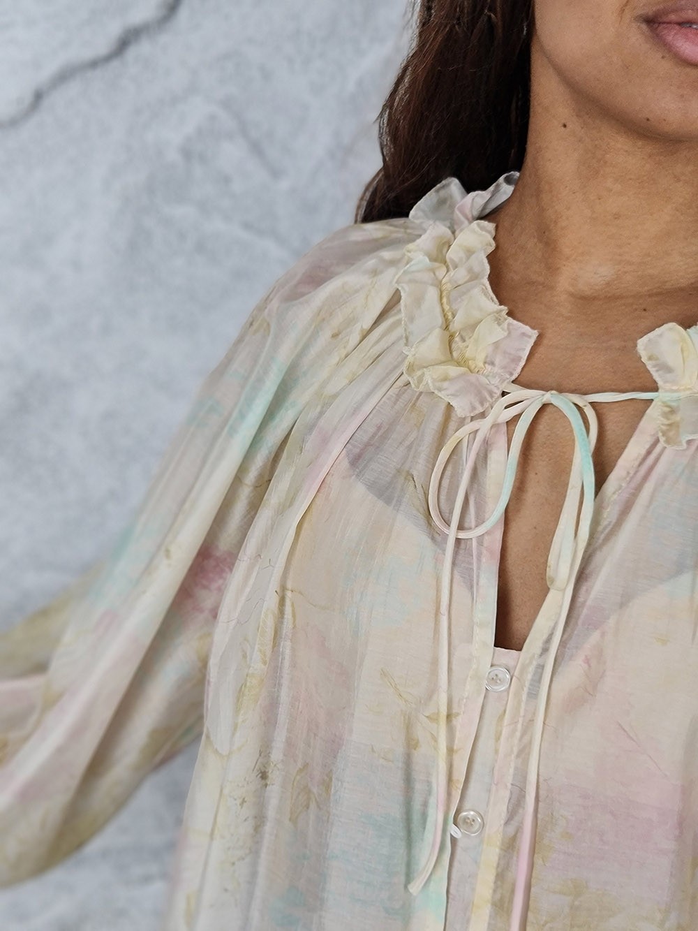 Блузка MIHO'S с рюшами пастельный принт кремовая, фотография №2
