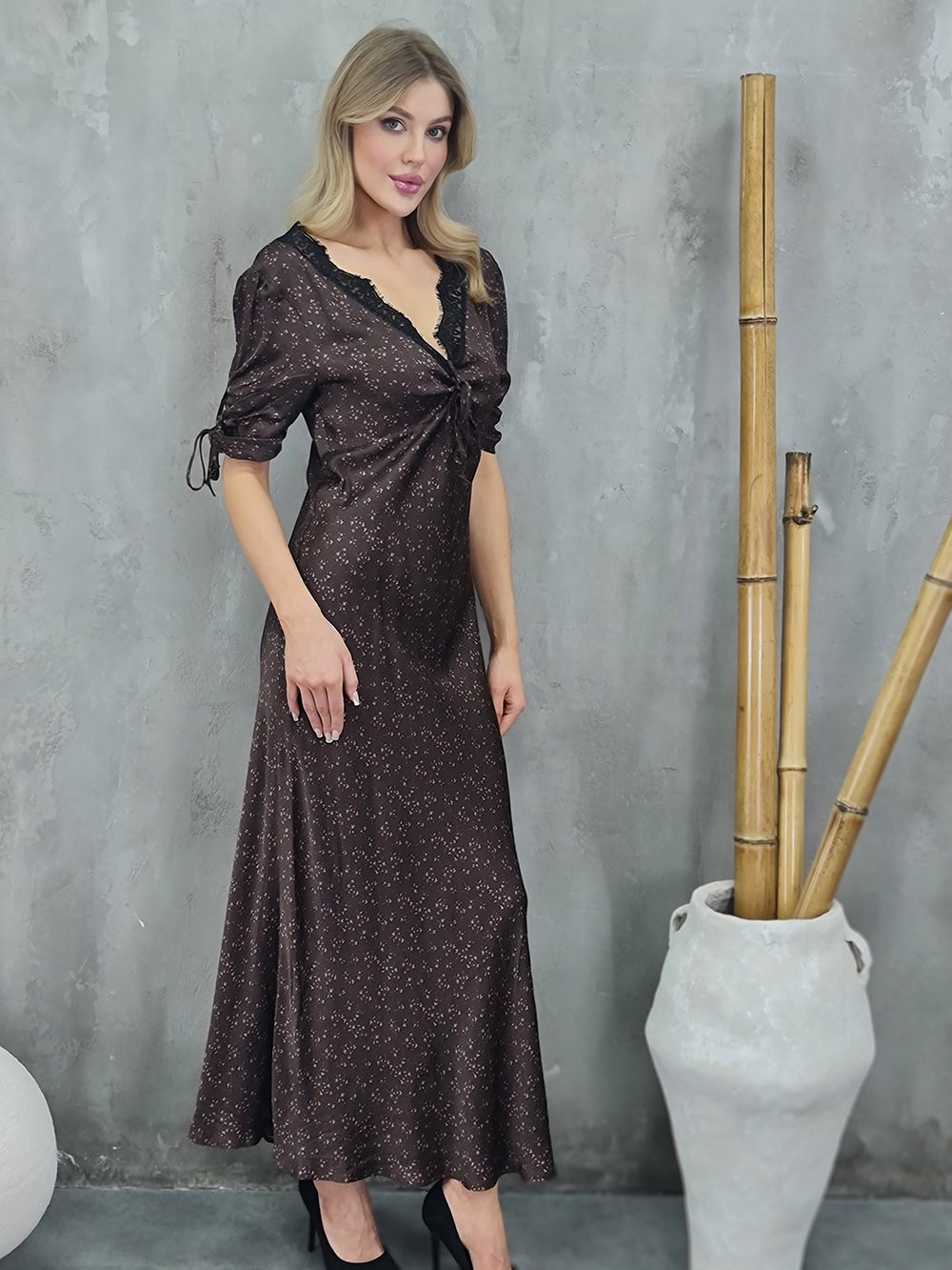 Платье CLOTHÉ принт цветы с коричневым кружевом шоколад , фотография №4