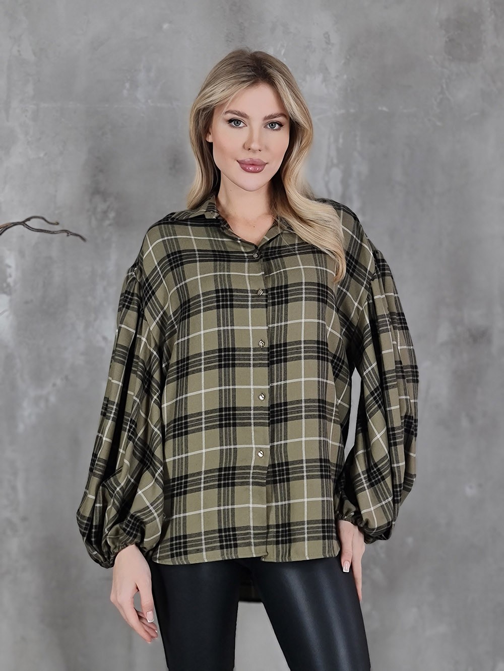 Рубашка Imperial в клетку с резинкой на рукавах оливка, фотография №1