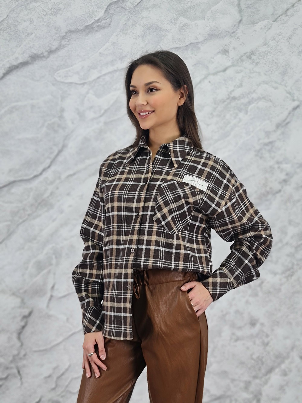 Рубашка Imperial в клеточку с кармашком и надписью шоколад, фотография №2