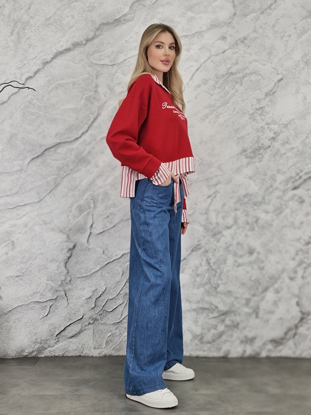 Джинсы MIHO'S с вышивкой и поясом синие, фотография №3