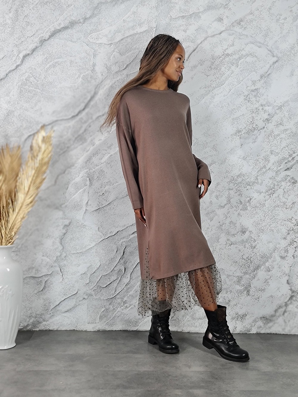 Платье BEAUTY WOMEN трикотажное с сеткой внизу шоколад, фотография №2