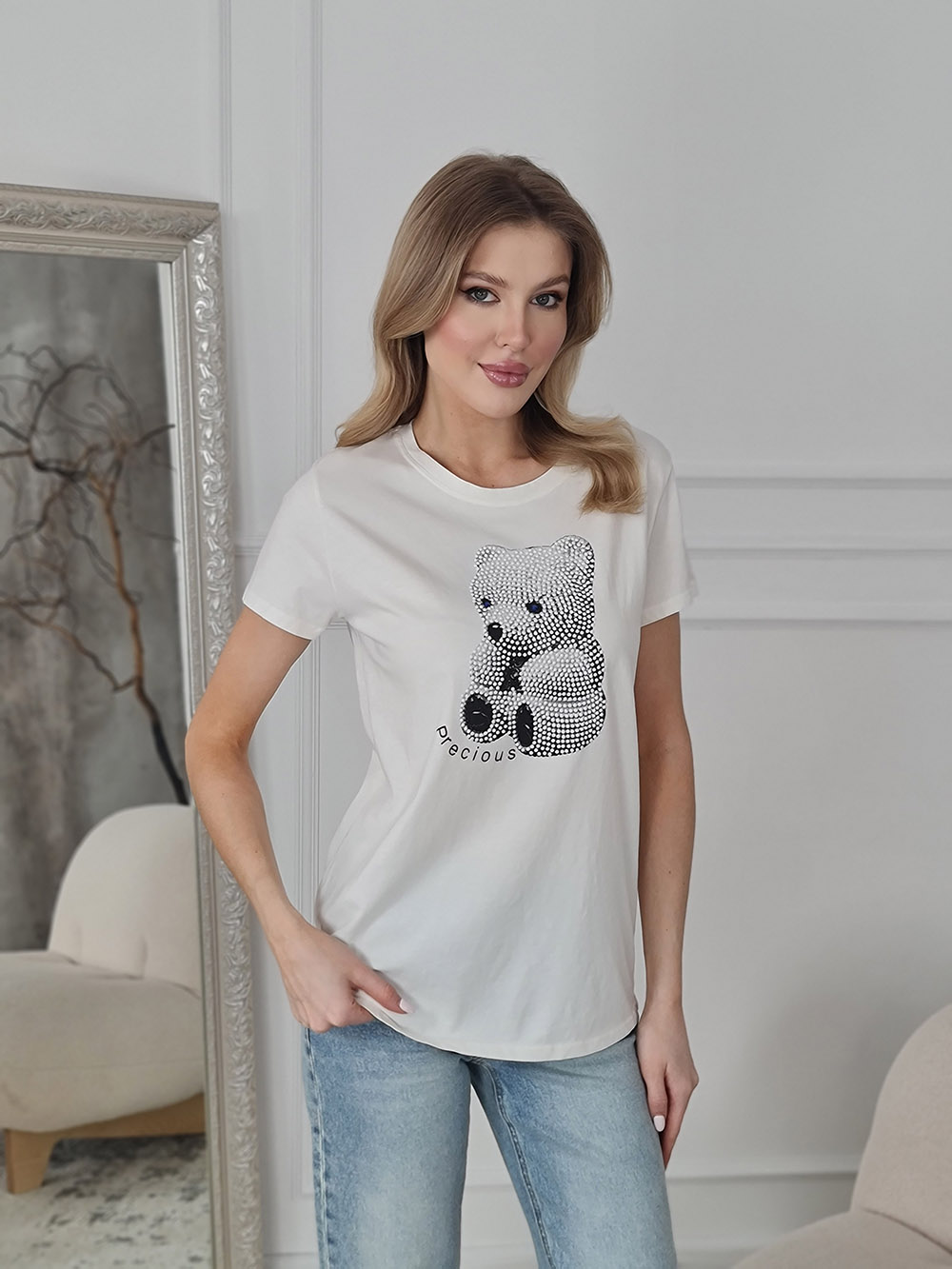 Футболка Vicolo с мишкой из страз белая , фотография №1