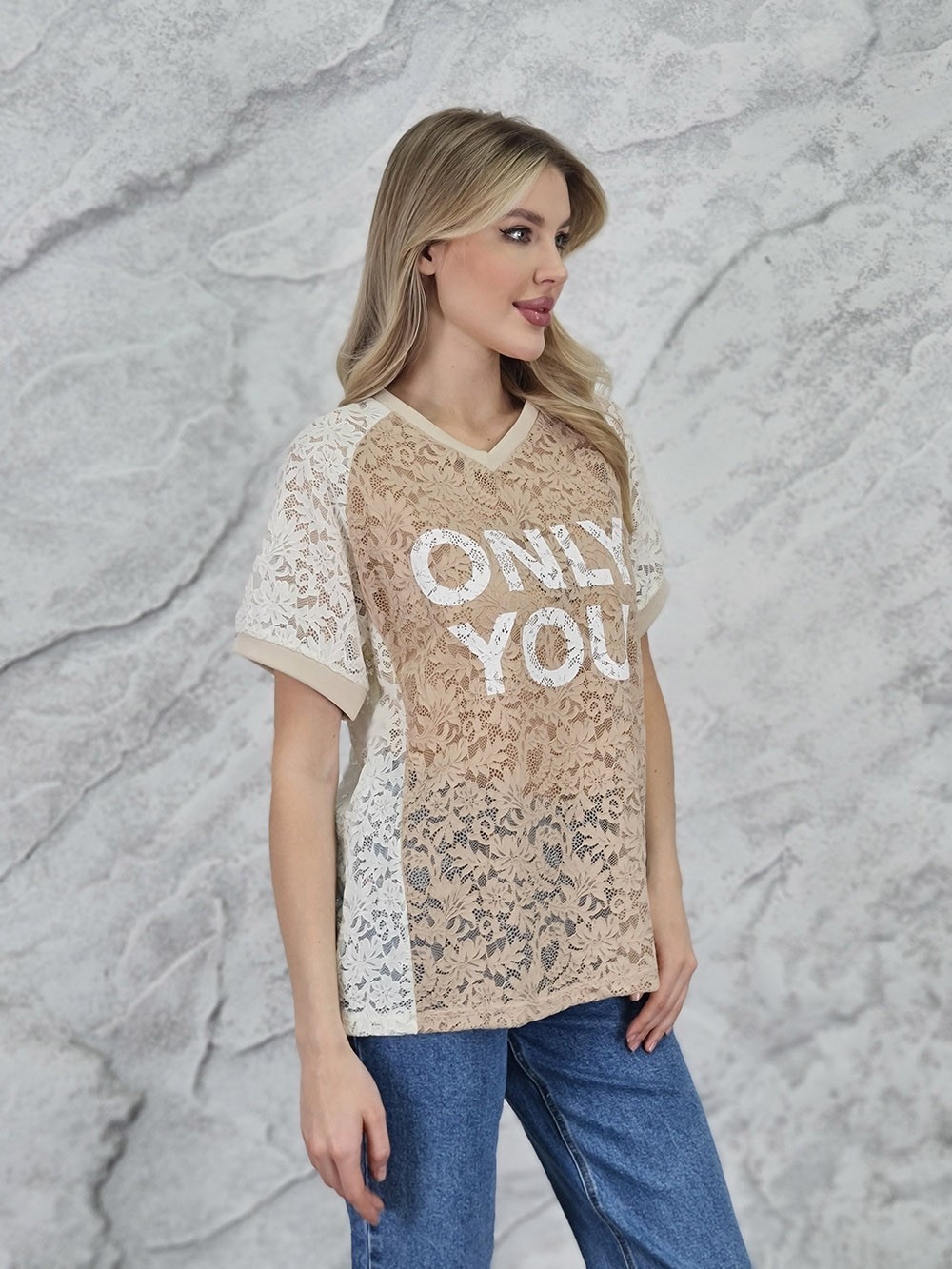 Футболка MIHO'S с надписью "Only you" песочная, фотография №2